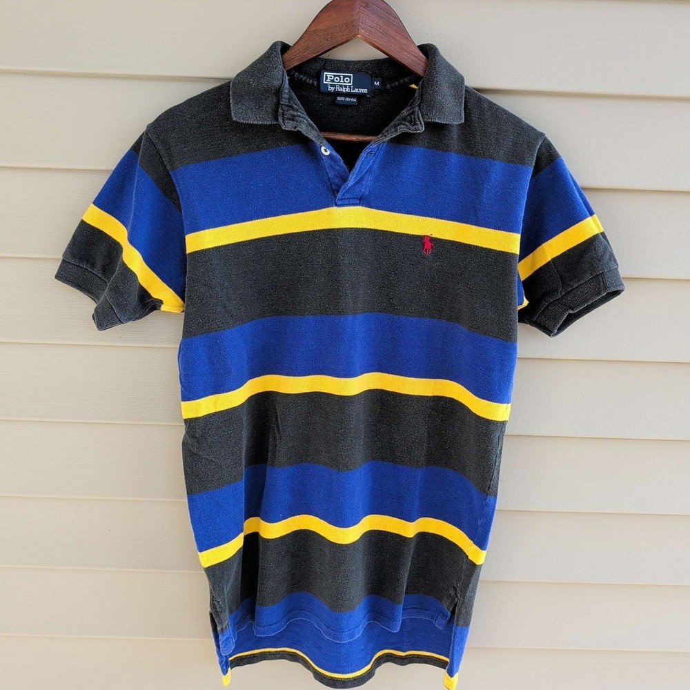 Polo Ralph Lauren Polo Shirt Mens Medium Blue‎ Black Yellow Striped Made in USA